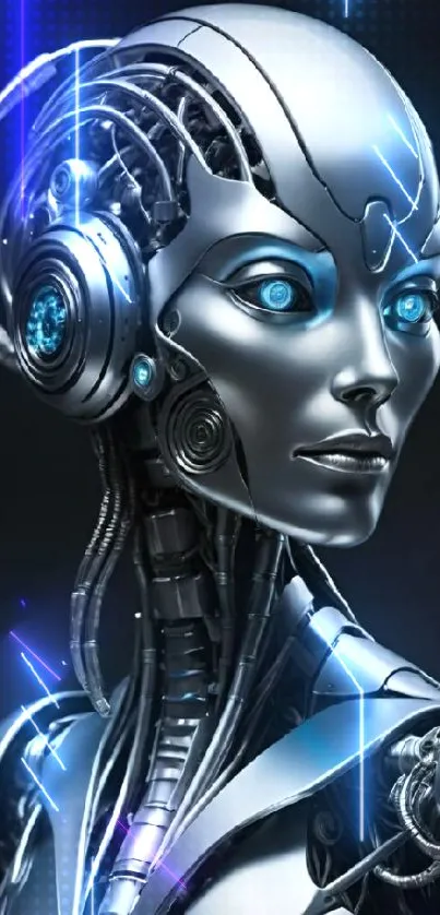 Futuristic robot with blue glowing eyes