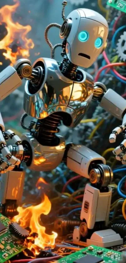 Futuristic robot surrounded by flames and wires.