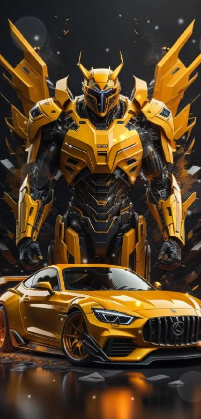 Futuristic yellow robot and car artwork on mobile wallpaper.