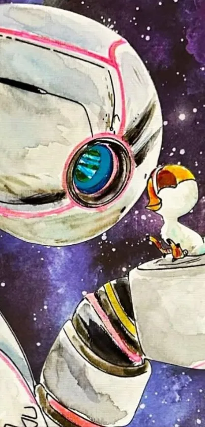 Robot and duckling in a cosmic scene.