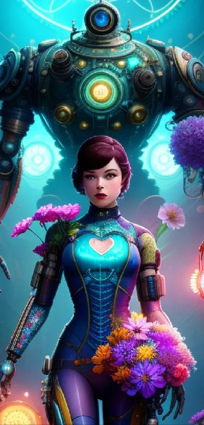 Futuristic wallpaper with robot and flowers.