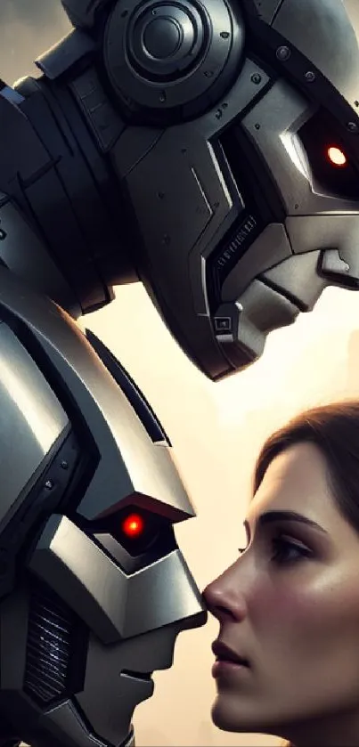 Futuristic robot face-to-face with a woman in a sci-fi setting.