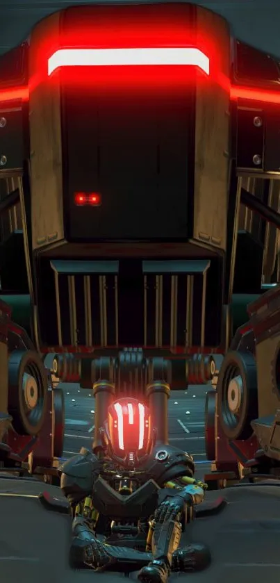 Futuristic robot sitting beneath a large mech with red LED lights.