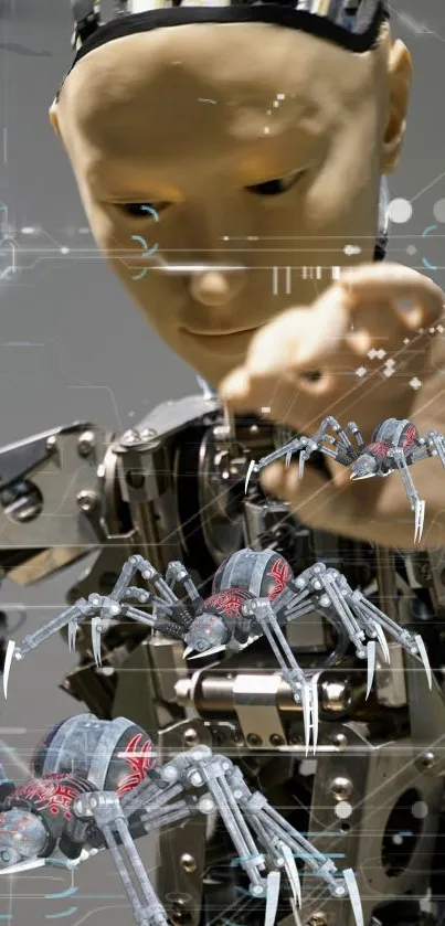 Humanoid robot with metallic spiders in futuristic artwork.