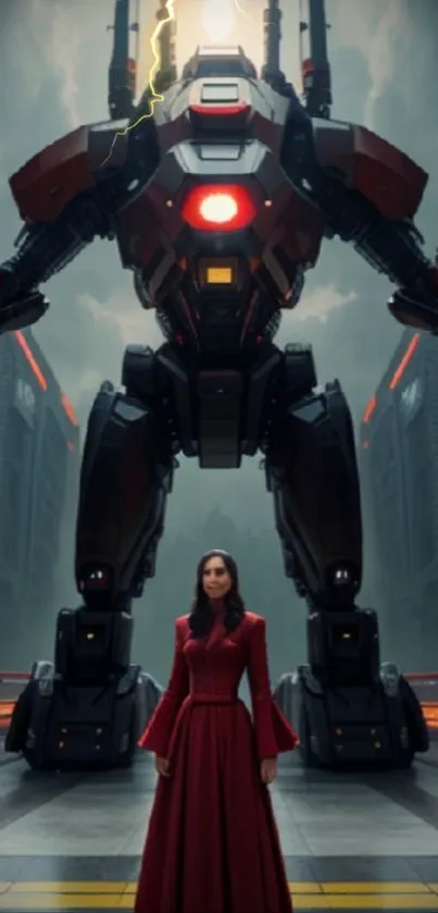 Futuristic robot towering over woman in red dress in urban setting.