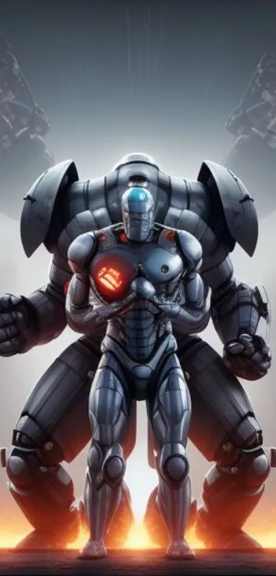 Futuristic robot and android art in gray tones with vibrant energy core.