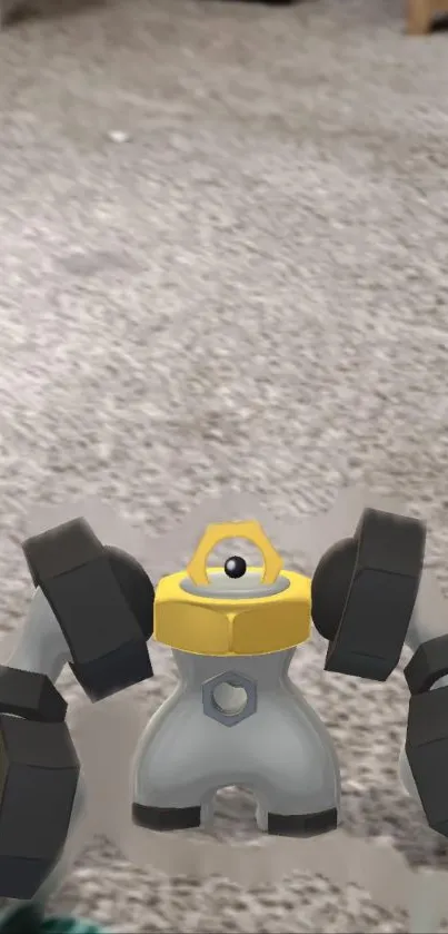 Futuristic robot with yellow accent in AR design on textured background.