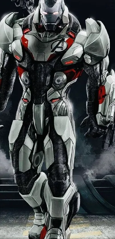 Sleek futuristic robot in gray armor with red accents on a dark background.