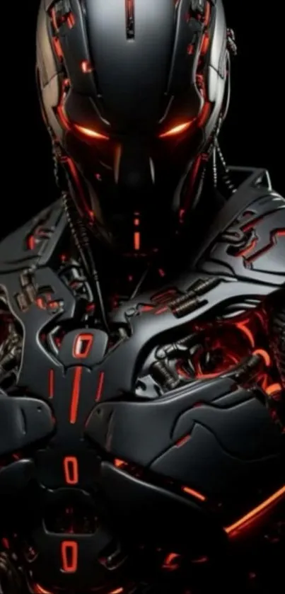 Futuristic robot with glowing red design.