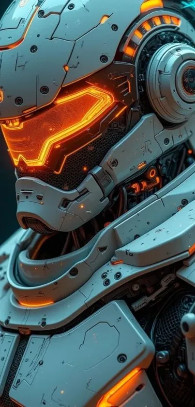 Futuristic robot with glowing orange armor design.