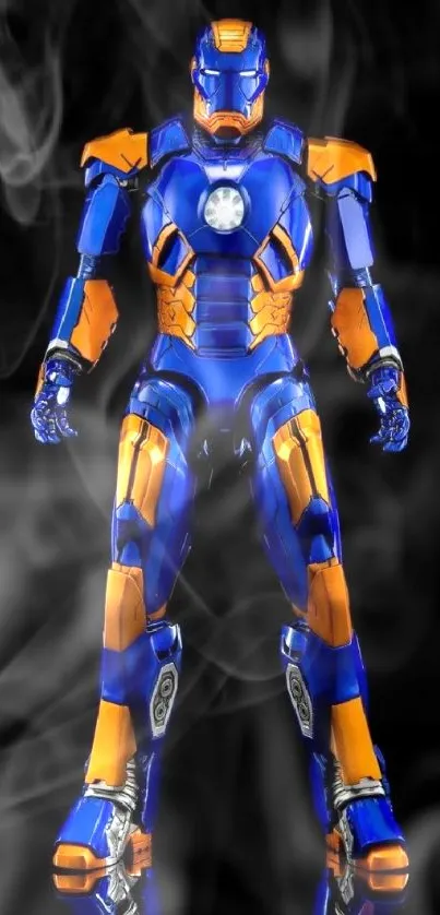 Futuristic blue and orange robot armor on black background.