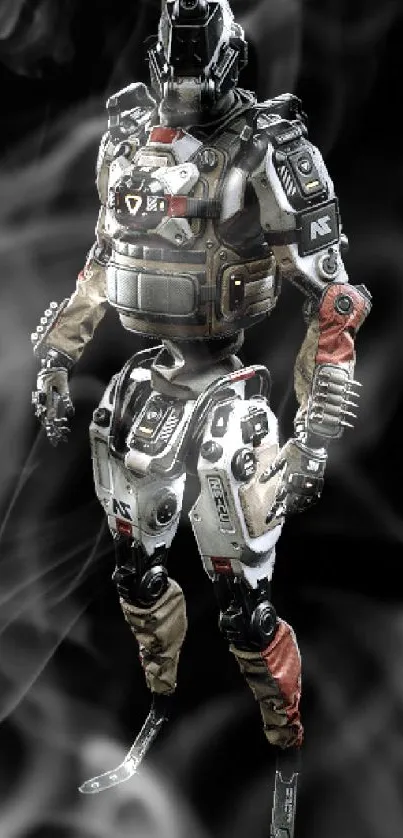 Futuristic robot in detailed armor on a black background.