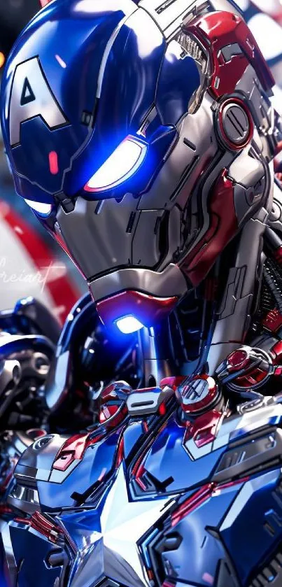Futuristic armored robot with blue and red metallic hues.