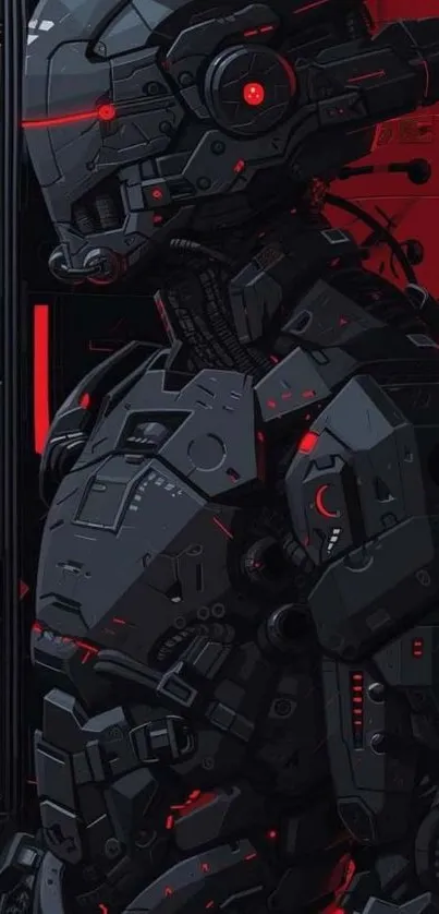 Futuristic robot with red accents.