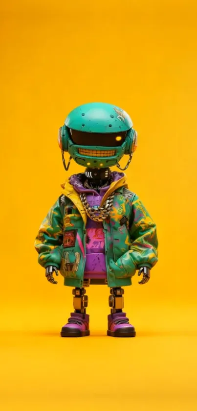 Futuristic robot art with vibrant colors on a yellow background.