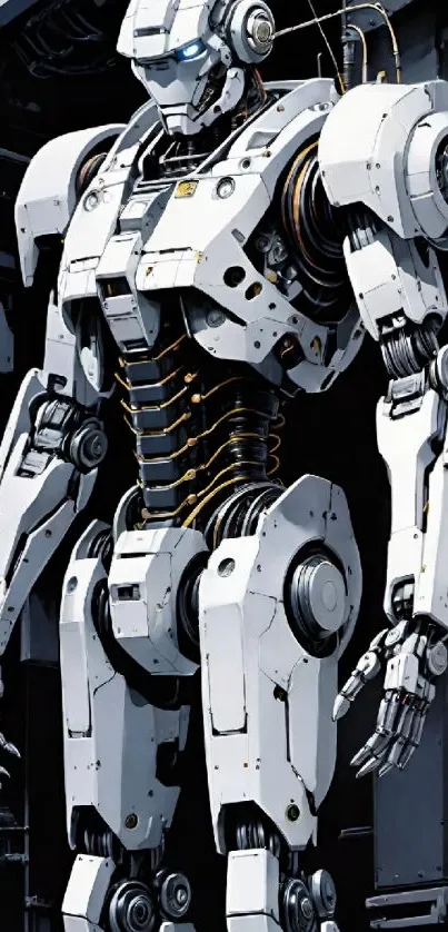 Futuristic robot standing in an urban setting with high-tech details.
