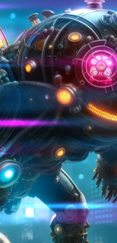 Futuristic robot in a vibrant cyberpunk cityscape with neon lights.