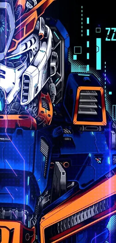 Futuristic robot art with blue, orange, and black elements on a mobile wallpaper.