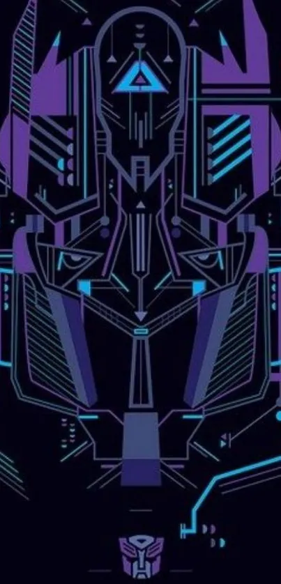 Futuristic geometric robot design in purple and blue on dark background.