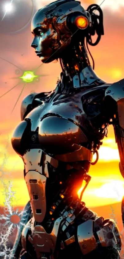 Futuristic robot against vivid sunset sky.