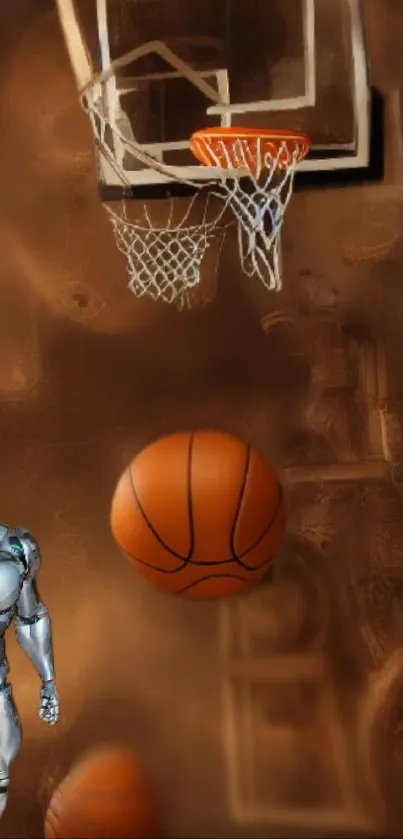 Futuristic robot with basketball by hoop in dynamic mobile wallpaper design.