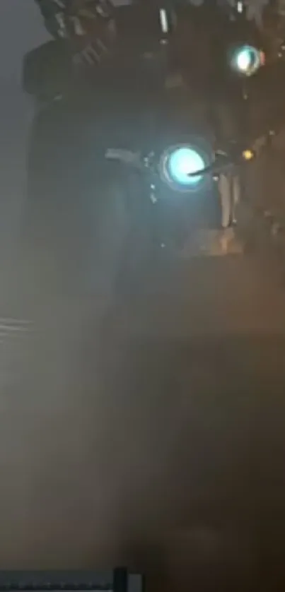 Futuristic robot with glowing lights in smoke-filled scenery.