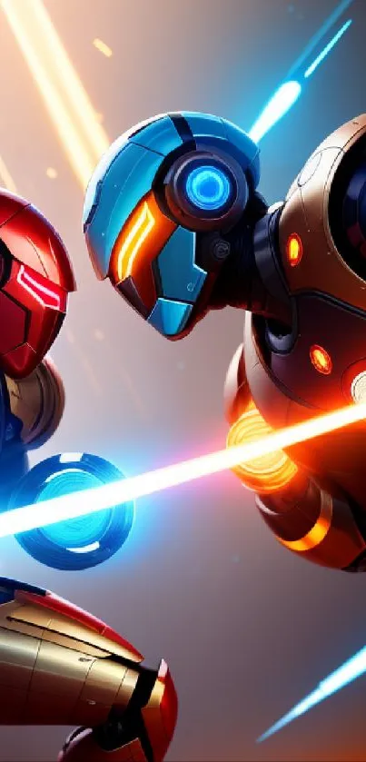 Futuristic robots engaged in battle with vibrant colors.