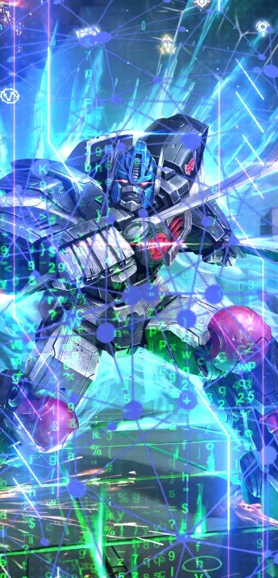 Futuristic robot in neon battle on phone wallpaper.