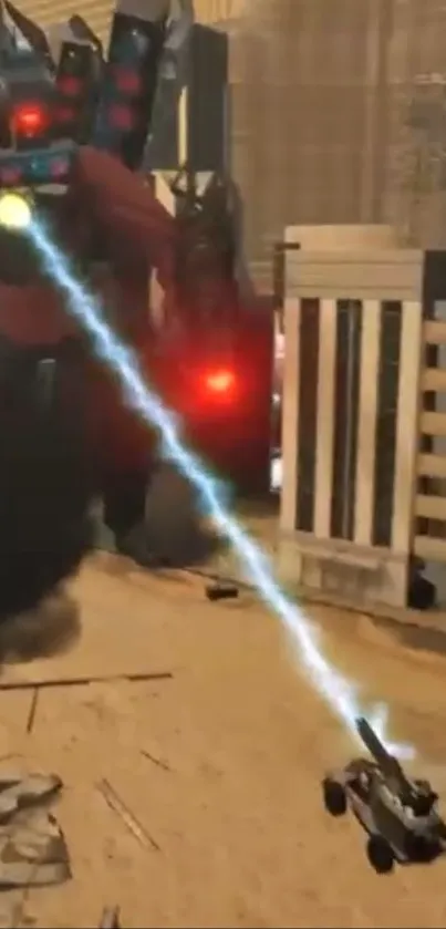 Futuristic robot firing laser in urban battle scene.