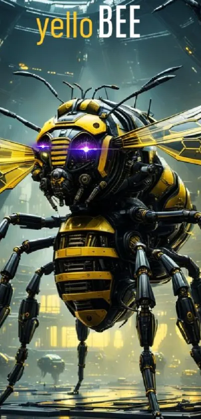 Futuristic robot bee in vivid yellow hues on a digital wallpaper.