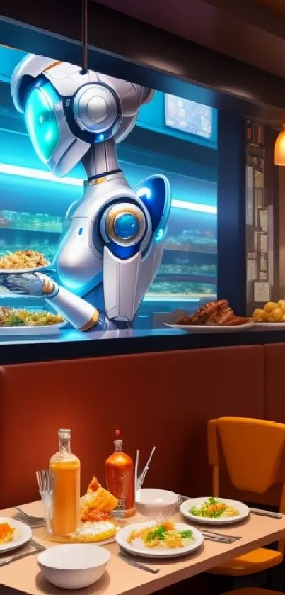 Futuristic cafe scene with robot waiter and vibrant colors.