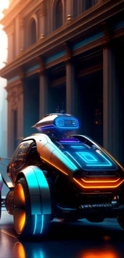 Futuristic robot car in neon-lit cityscape wallpaper.