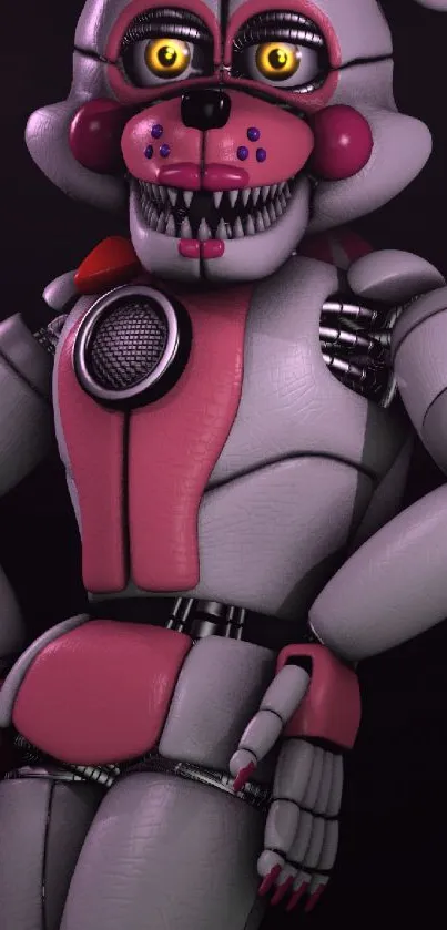 Futuristic animatronic robot with pink and grey armor.