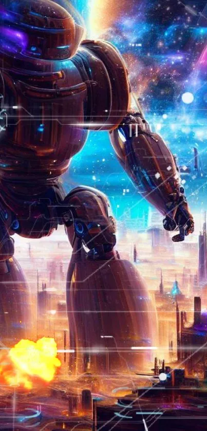 Futuristic robot in a vibrant cosmic cityscape with glowing lights.