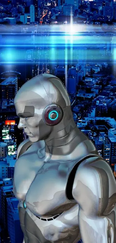 Futuristic robot standing over cityscape with blue highlights.