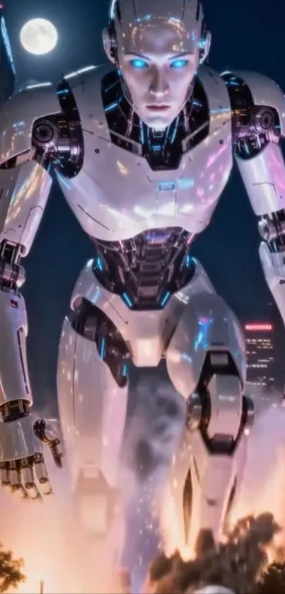 A giant humanoid robot at night in a cityscape with a moonlit sky.