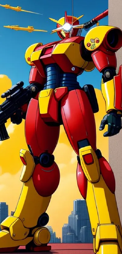 A vibrant red and yellow robot stands in a futuristic cityscape.