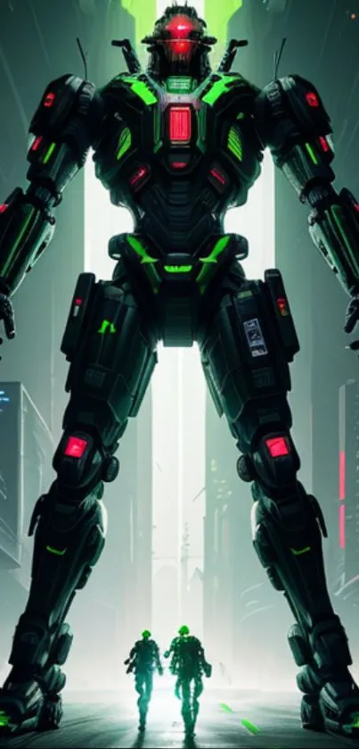 Futuristic robot in neon-lit cityscape artwork.