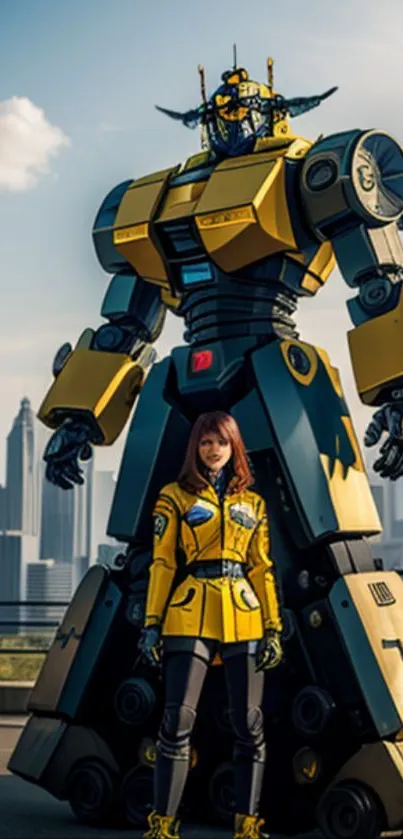 Futuristic cityscape with a large robot and a woman in yellow.