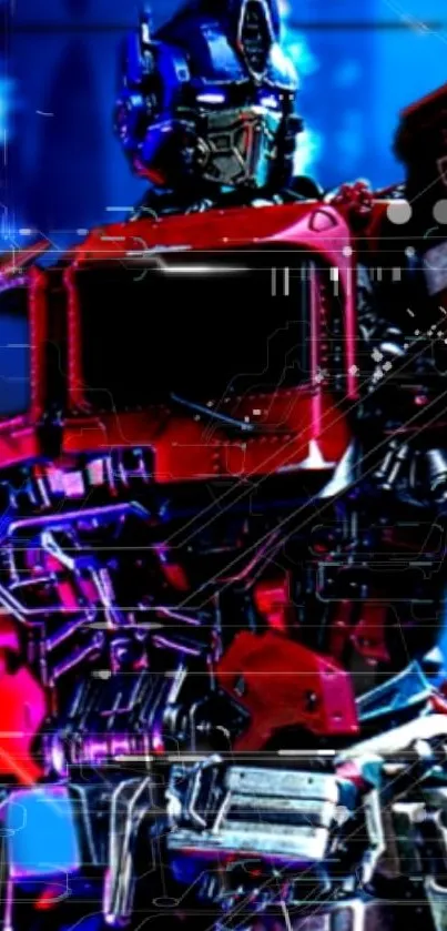 Futuristic robot in vibrant cityscape wallpaper.