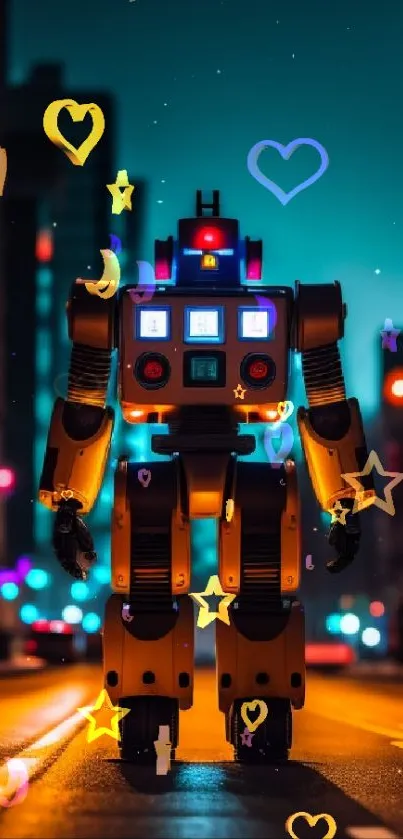 Futuristic robot stands in a vibrant city street at night.