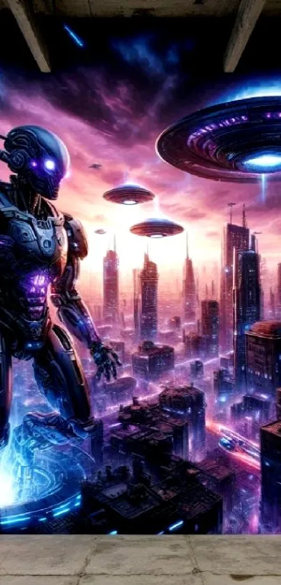 Futuristic robot amidst neon cityscape with UFOs hovering above.