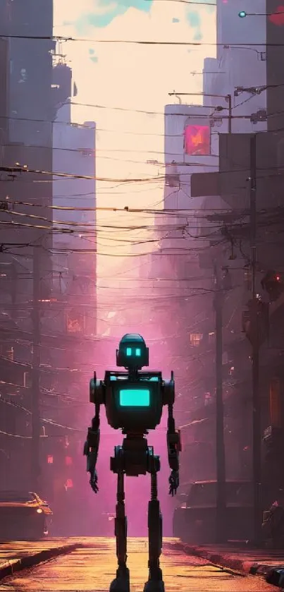 Futuristic cityscape with a robot under a vivid purple sky.