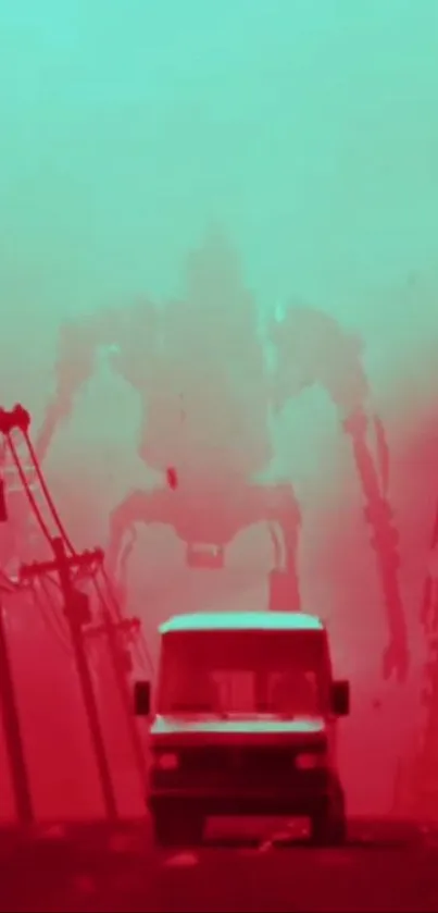 Futuristic scene with a red robot silhouette and a van on a street.