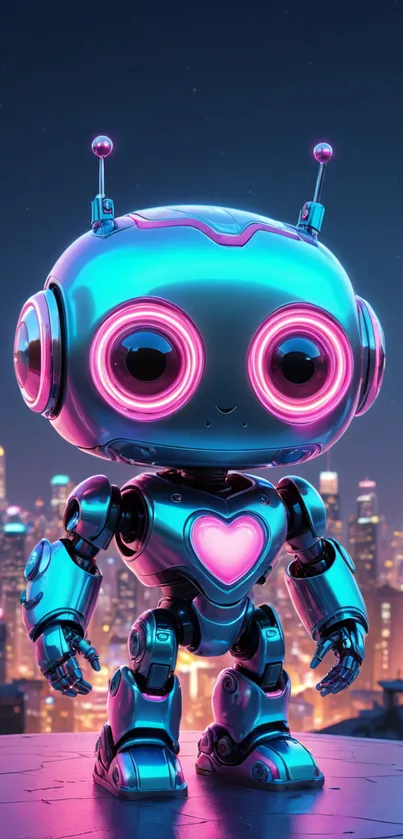 Neon robot in a futuristic cityscape with glowing heart.