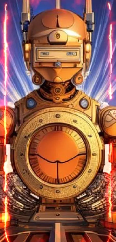Futuristic robot clock art with radiant sky background on mobile wallpaper.