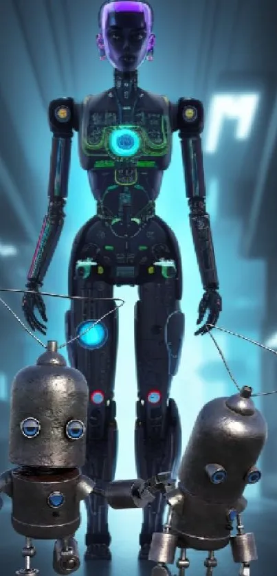 Futuristic humanoid and robots in a corridor setting.
