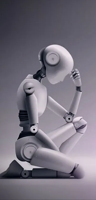 Wallpaper of a futuristic robot in contemplation with a purple-gray backdrop.