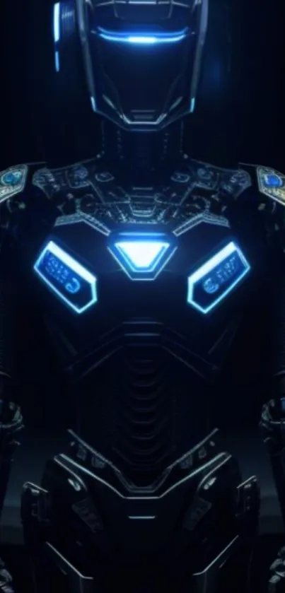 Futuristic robot with glowing blue accents on a dark background.