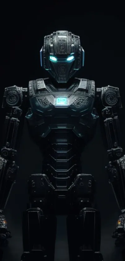 Futuristic robot with glowing eyes in a dark, cybernetic-themed wallpaper.